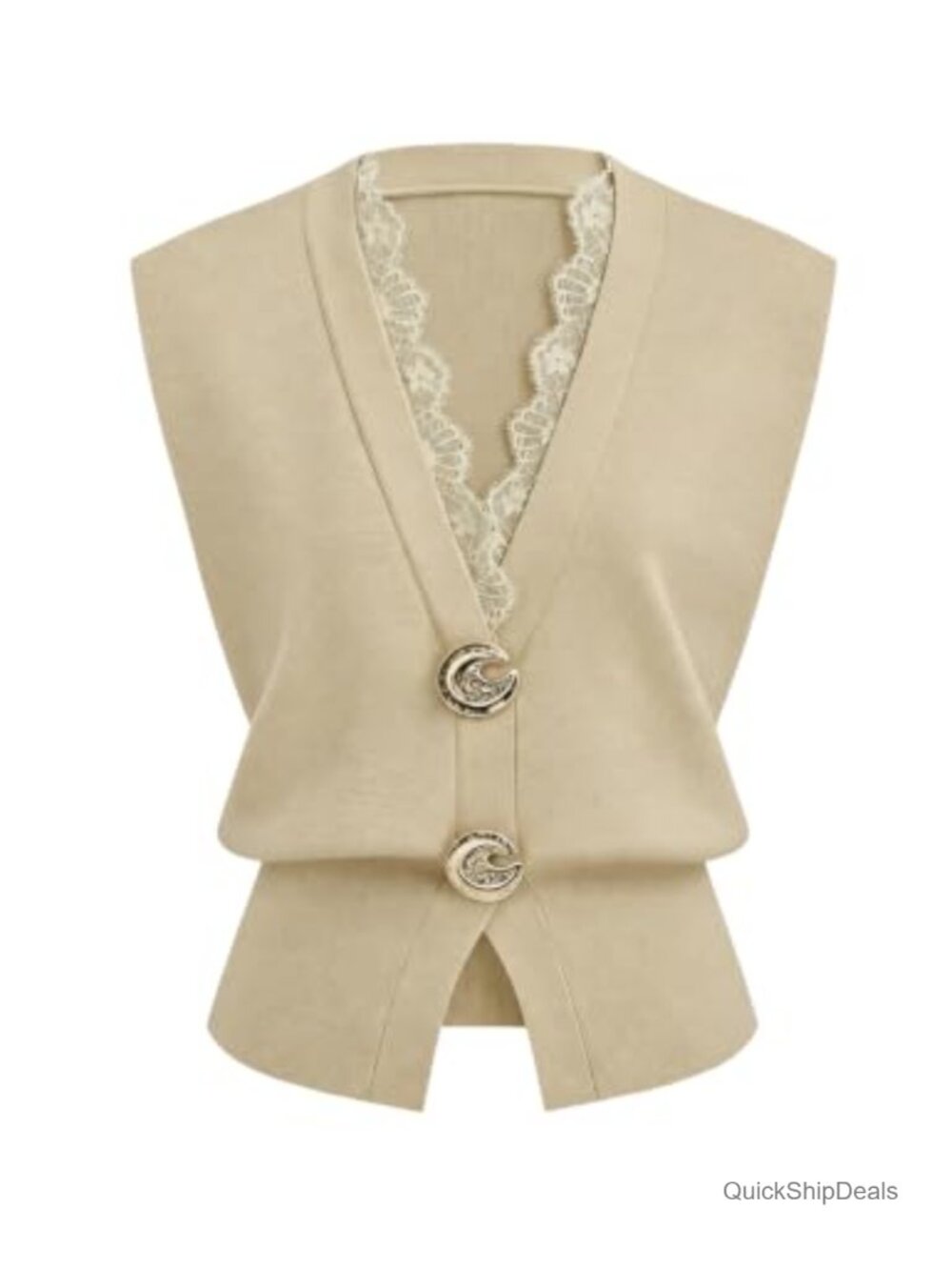 Women's Viscose Sweater Vest Lace Trim V Neck Sleeveless Button Knit Top